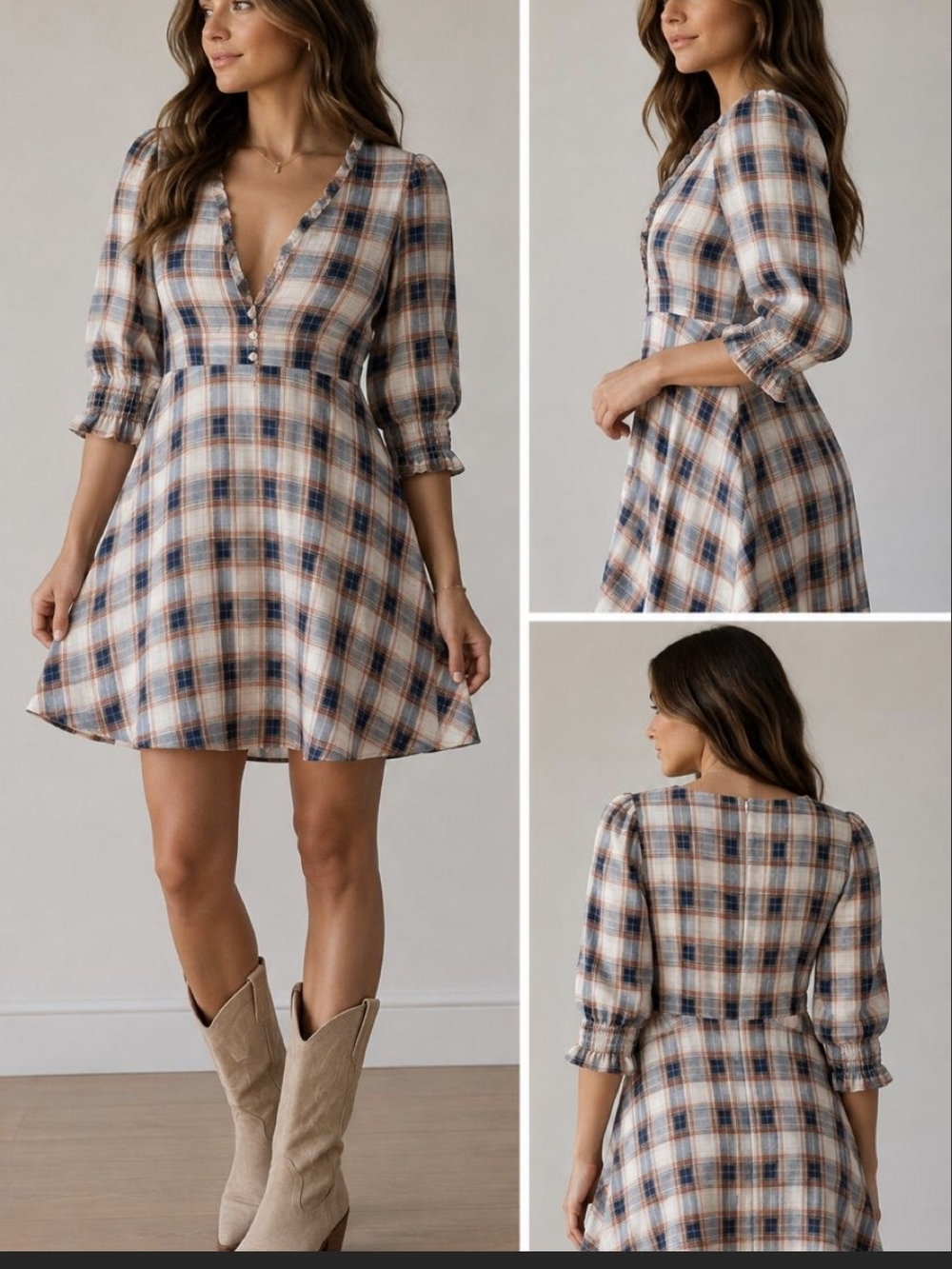 Blue Rain Plaid V‑Neck A‑Line Dress in Blue and Cream with Rust Accents